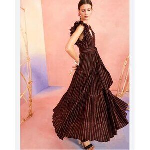 Ulla Johnson Lilliana ruffles trimmed cotton maxi dress, metallic striped in Cho